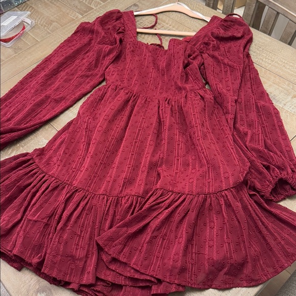 Only You and I Burgundy Long Sleeve Tie-Back Mini Skater Dress - Picture 3 of 7